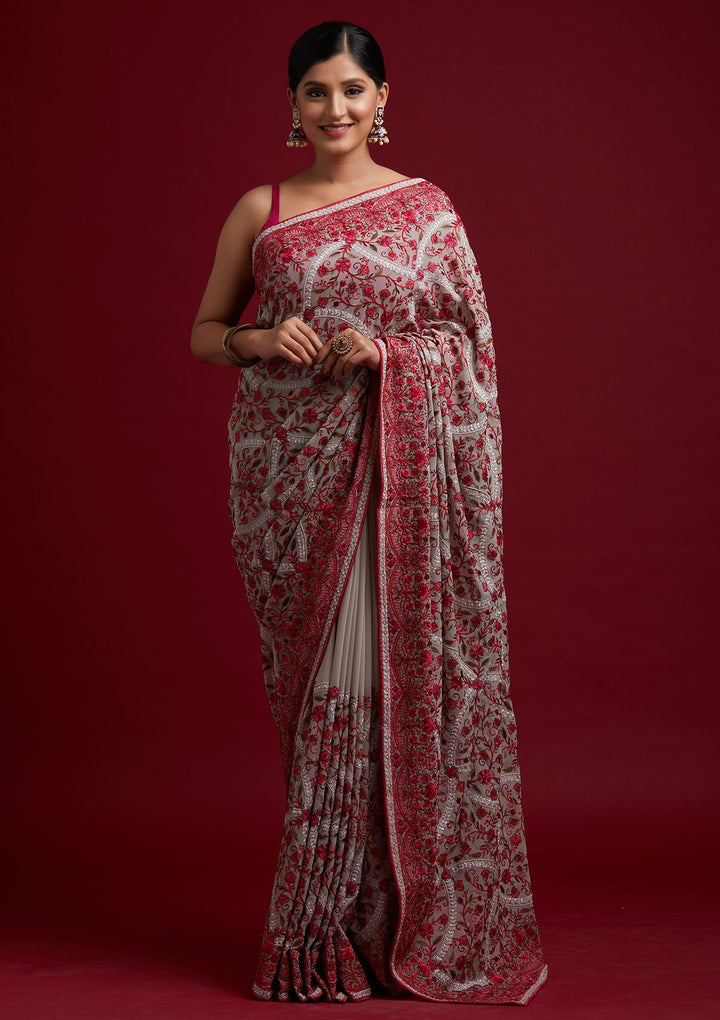 Cream Threadwork Georgette Designer Saree - koskii