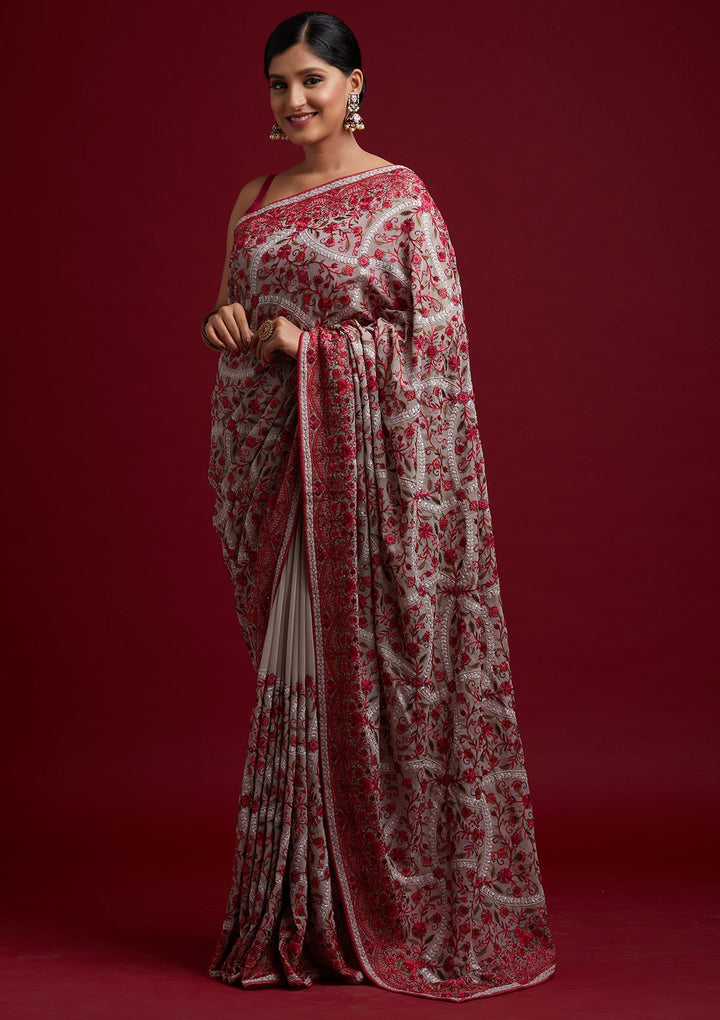 Cream Threadwork Georgette Designer Saree - koskii