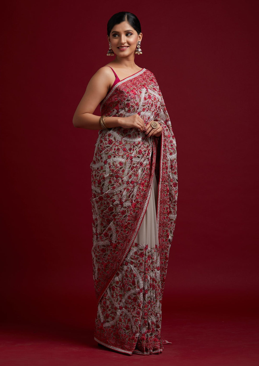 Cream Threadwork Georgette Designer Saree - koskii