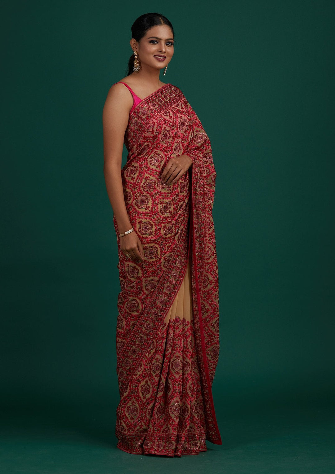 Cream Threadwork Georgette Designer Saree - Koskii