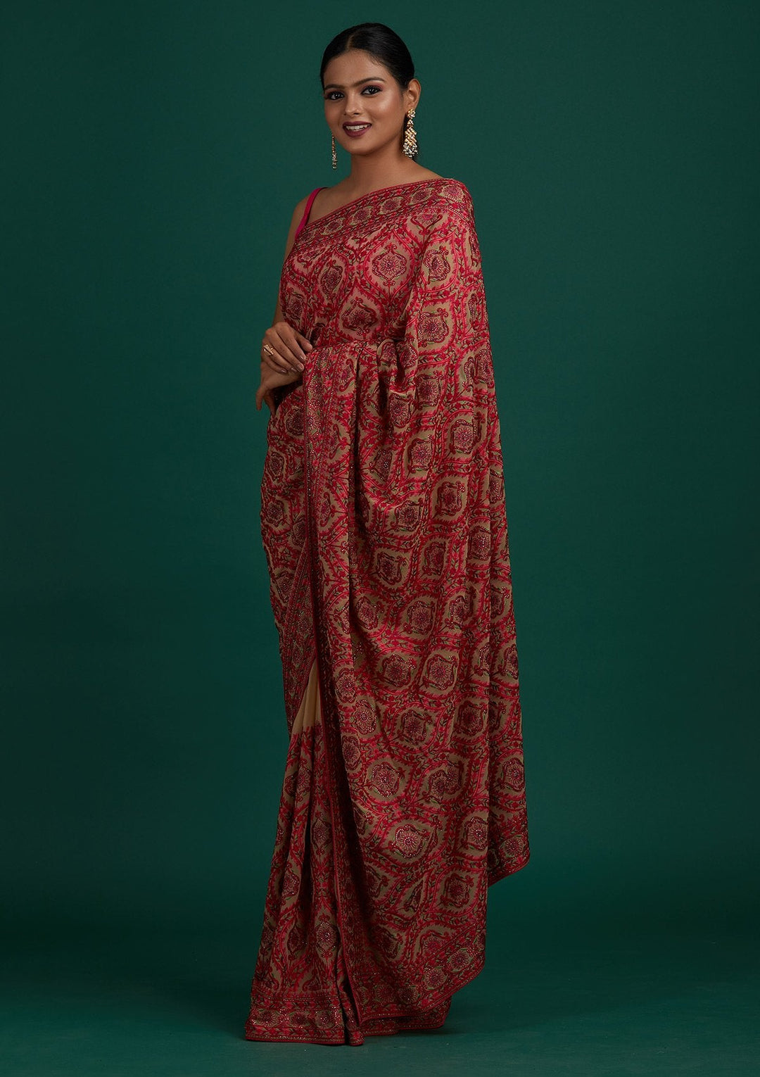 Cream Threadwork Georgette Designer Saree - Koskii
