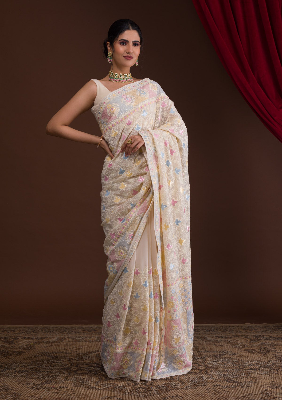 Buy Cream Threadwork Georgette Designer Saree Koskii