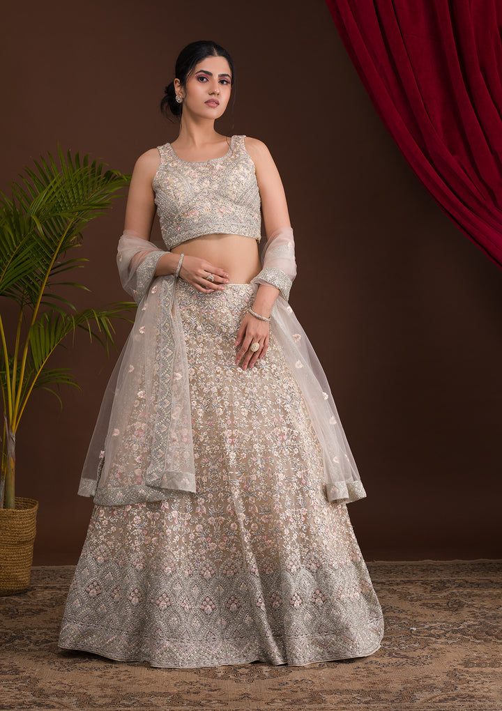 Cream Threadwork Net Designer Lehenga-Koskii