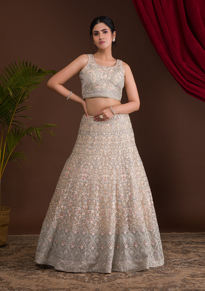 Cream Threadwork Net Designer Lehenga-Koskii