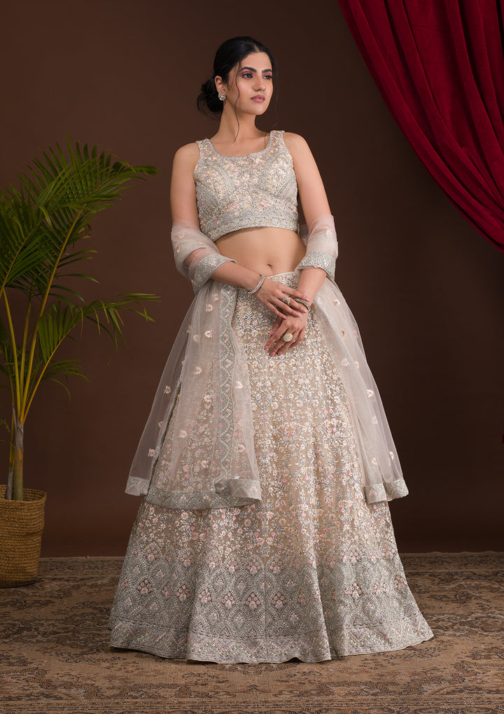 Cream Threadwork Net Designer Lehenga-Koskii