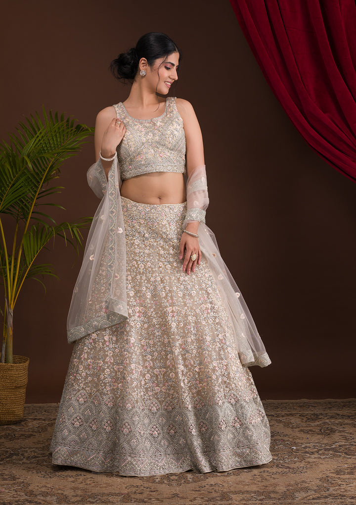 Cream Threadwork Net Designer Lehenga-Koskii