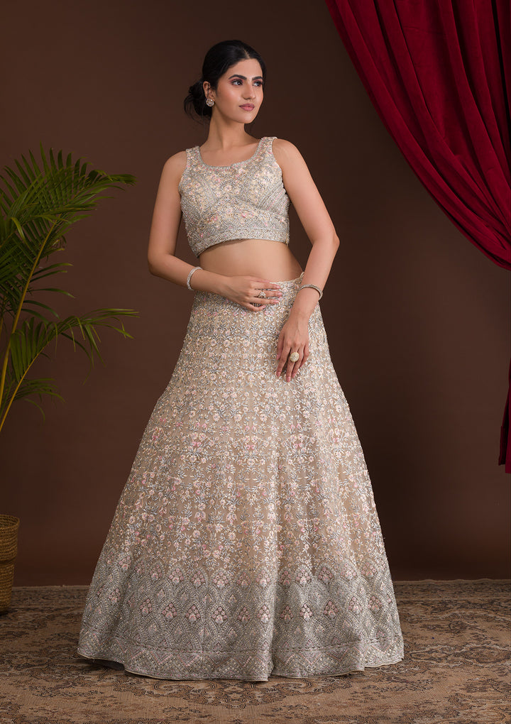 Cream Threadwork Net Designer Lehenga-Koskii