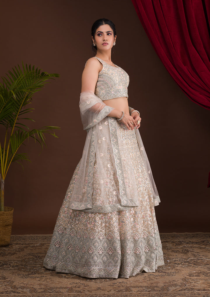 Cream Threadwork Net Designer Lehenga-Koskii