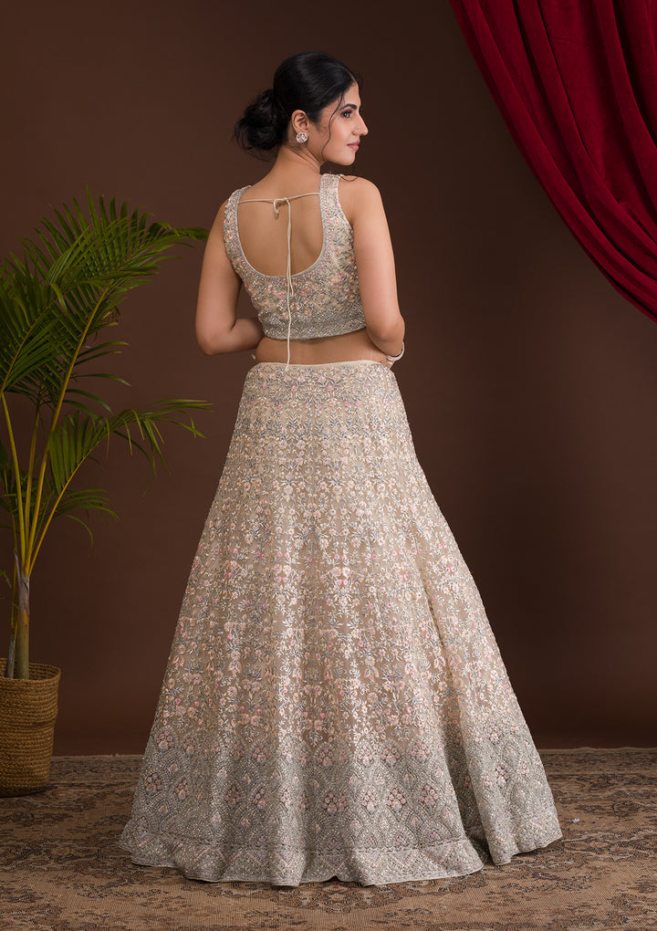 Cream Threadwork Net Designer Lehenga-Koskii