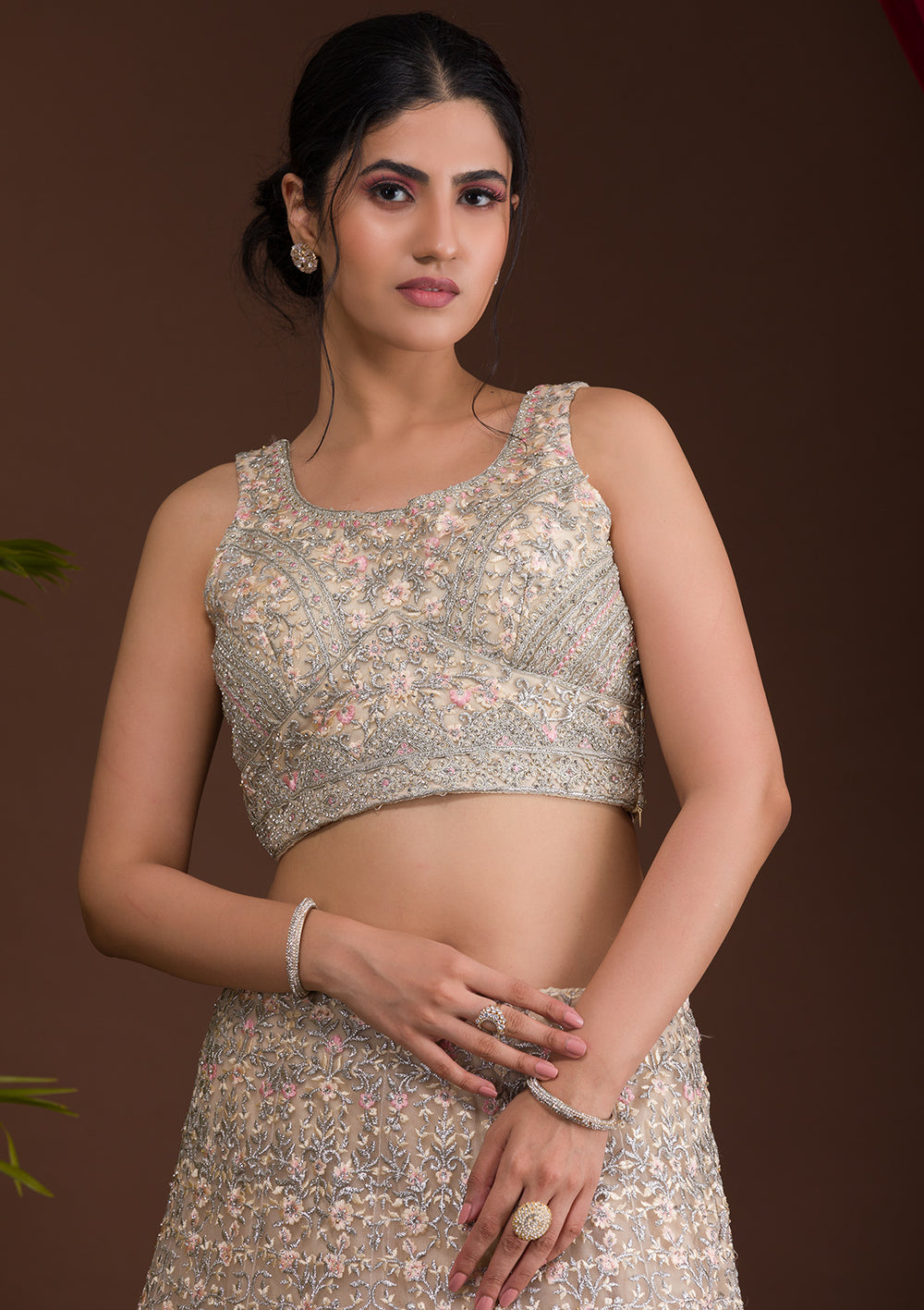 Cream Threadwork Net Designer Lehenga-Koskii