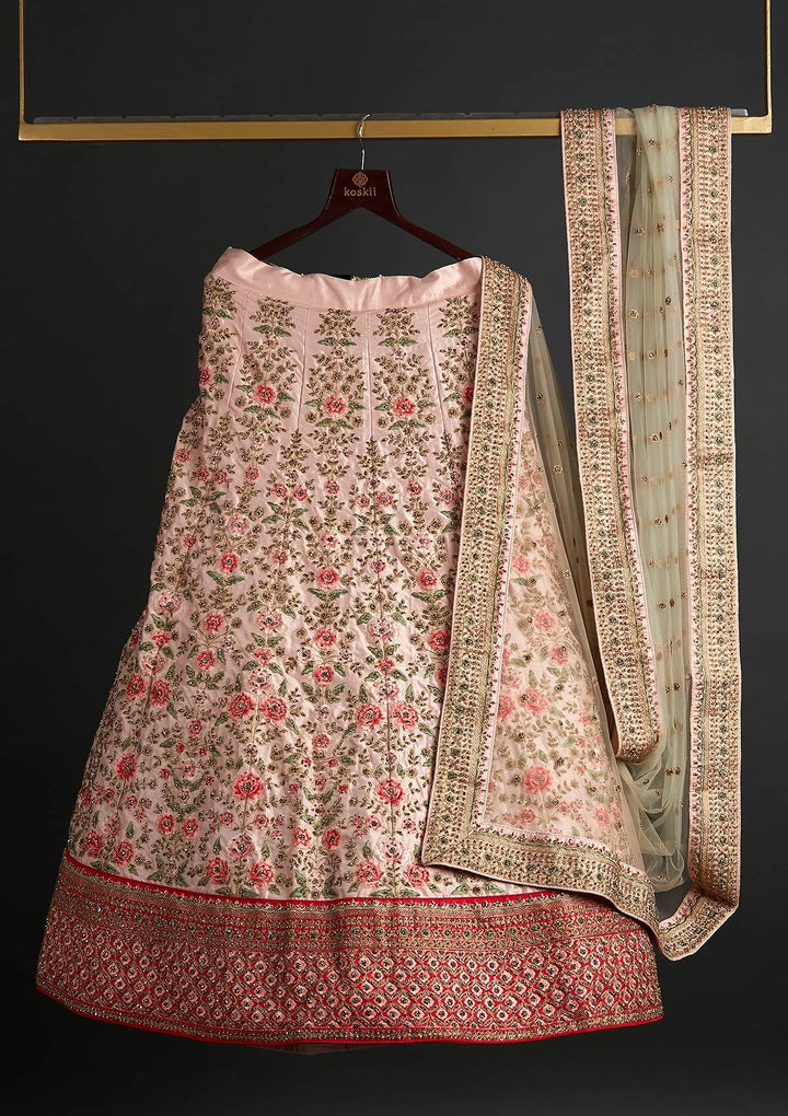 Cream Threadwork Raw Silk Designer Semi-Stitched Lehenga - koskii