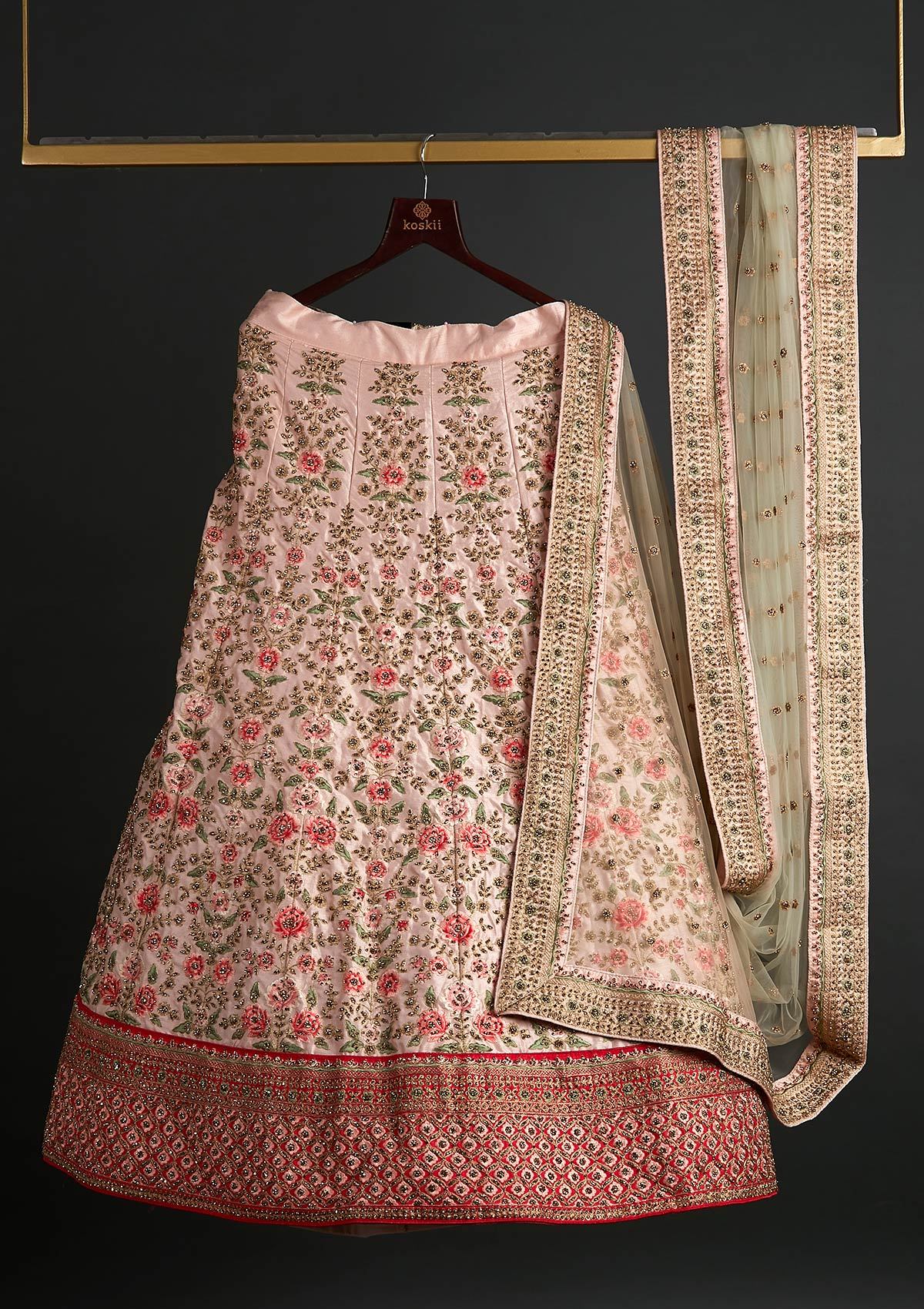 Cream Threadwork Raw Silk Designer Semi-Stitched Lehenga - koskii