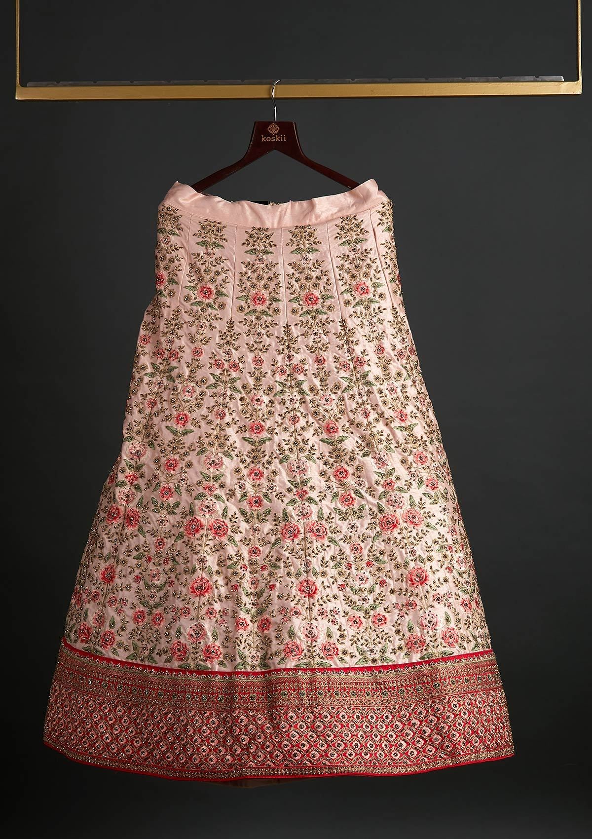 Cream Threadwork Raw Silk Designer Semi-Stitched Lehenga - koskii