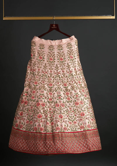 Cream Threadwork Raw Silk Designer Semi-Stitched Lehenga - koskii
