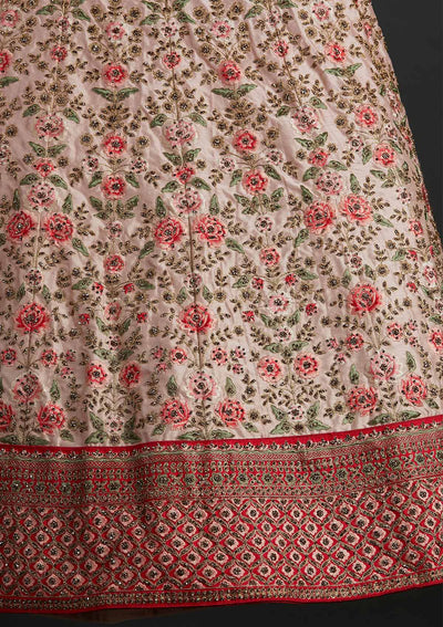 Cream Threadwork Raw Silk Designer Semi-Stitched Lehenga - koskii