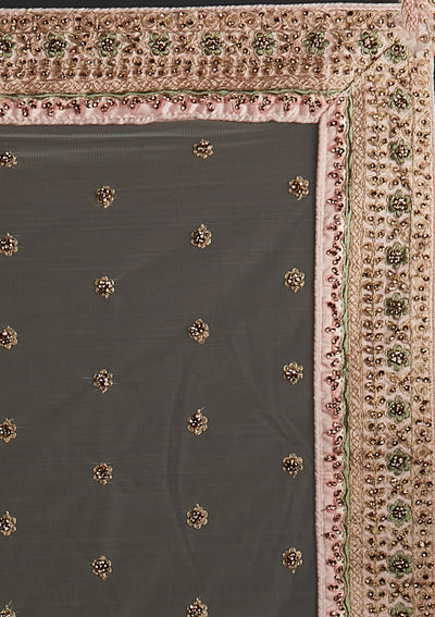 Cream Threadwork Raw Silk Designer Semi-Stitched Lehenga - koskii