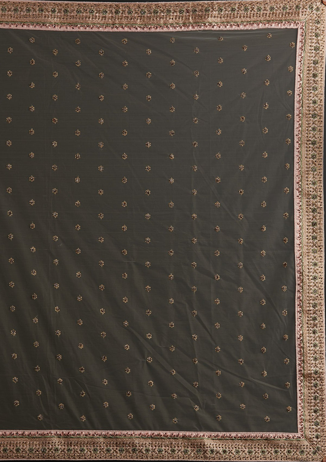Cream Threadwork Raw Silk Designer Semi-Stitched Lehenga - koskii