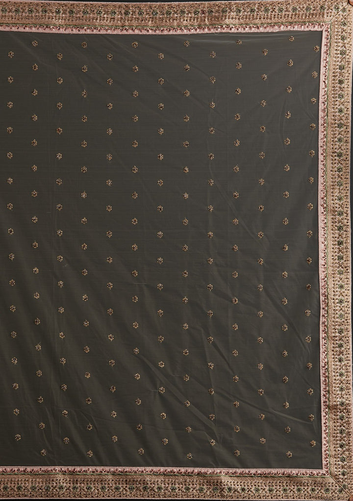 Cream Threadwork Raw Silk Designer Semi-Stitched Lehenga - koskii