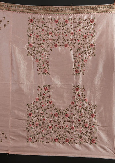 Cream Threadwork Raw Silk Designer Semi-Stitched Lehenga - koskii