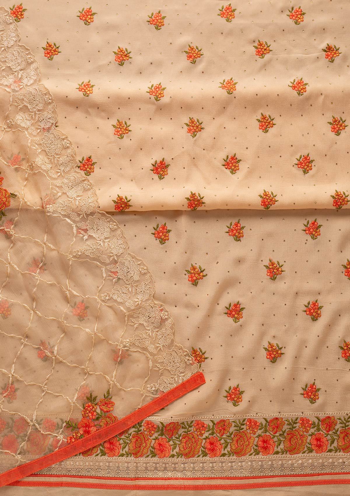 Cream Threadwork Semi Crepe Designer Unstitched Salwar Suit - koskii