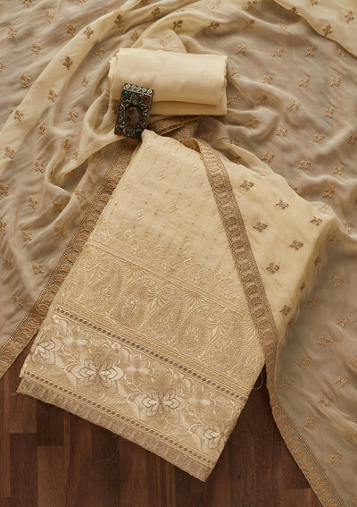 Cream Threadwork Semi Crepe Designer Unstitched Salwar Suit - Koskii