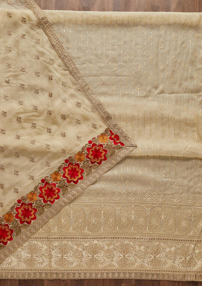 Cream Threadwork Semi Crepe Designer Unstitched Salwar Suit - Koskii