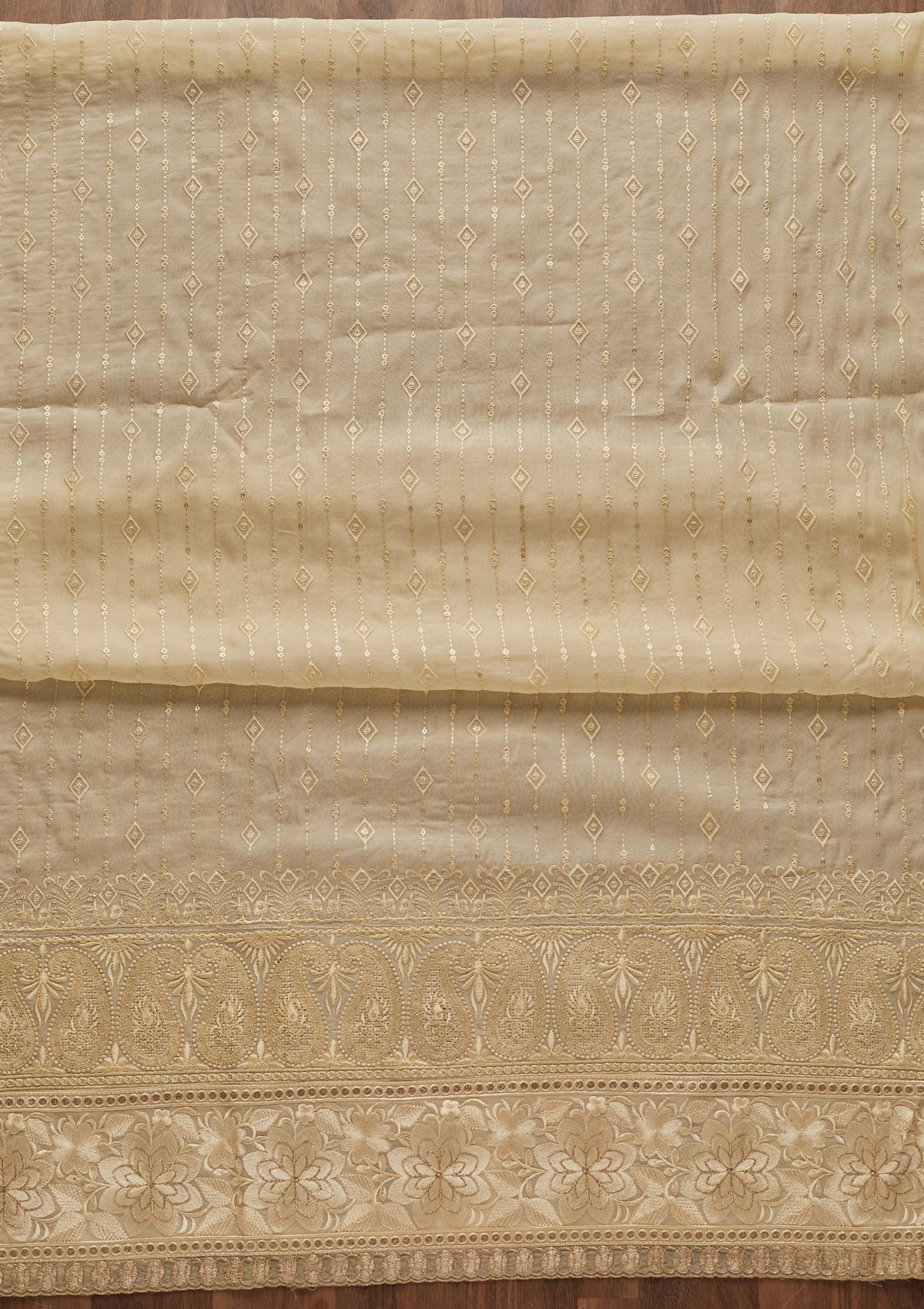 Cream Threadwork Semi Crepe Designer Unstitched Salwar Suit - Koskii