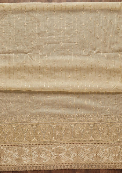 Cream Threadwork Semi Crepe Designer Unstitched Salwar Suit - Koskii