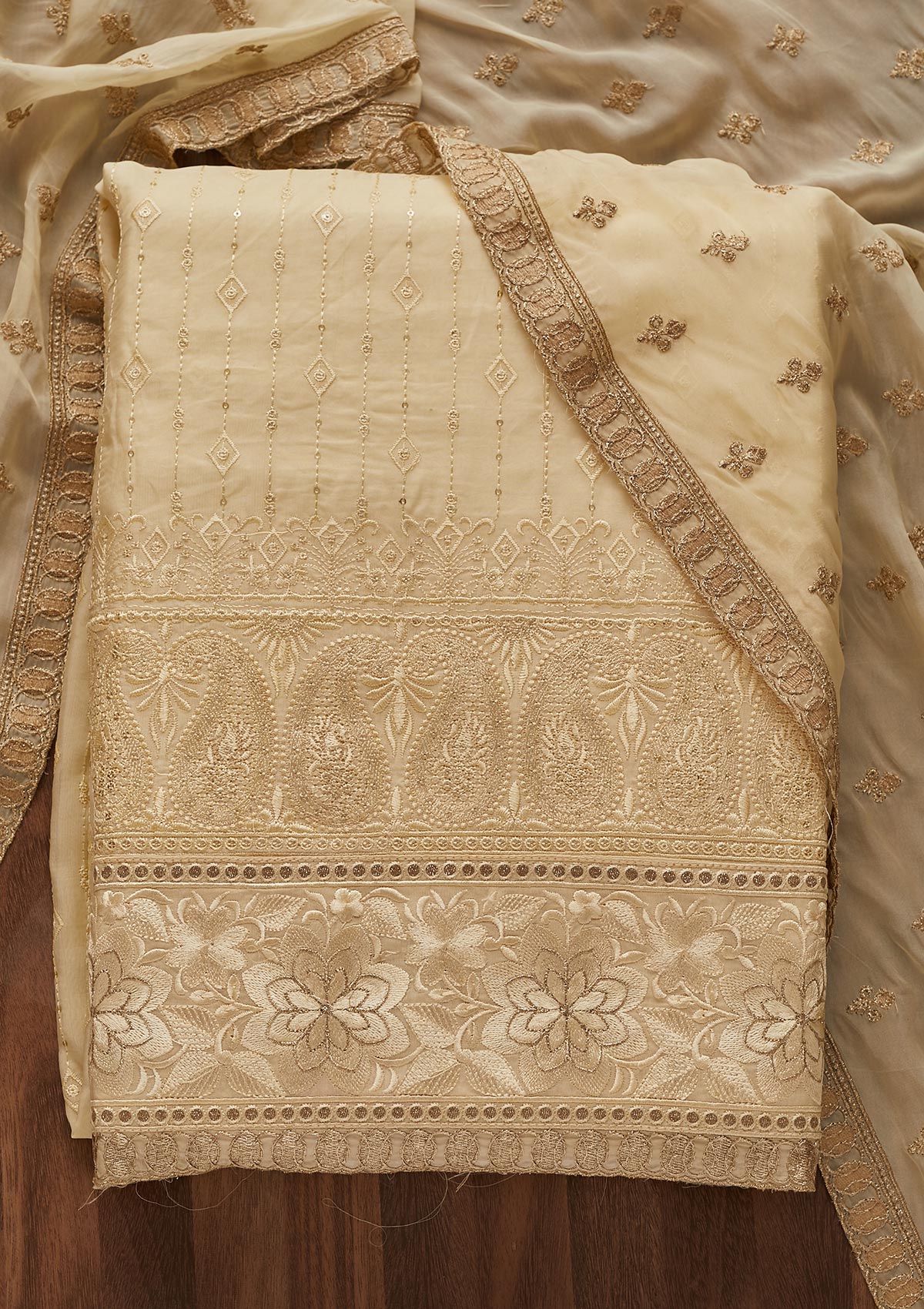 Cream Threadwork Semi Crepe Designer Unstitched Salwar Suit - Koskii
