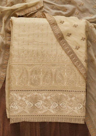 Cream Threadwork Semi Crepe Designer Unstitched Salwar Suit - Koskii
