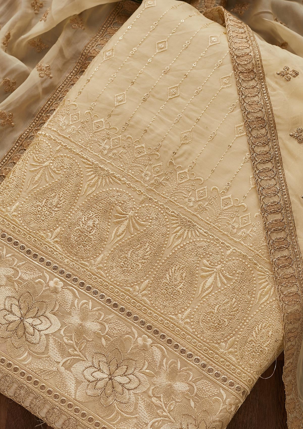 Cream Threadwork Semi Crepe Designer Unstitched Salwar Suit - Koskii