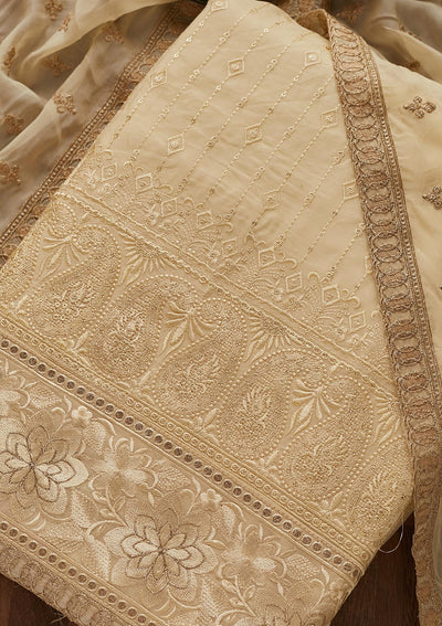 Cream Threadwork Semi Crepe Designer Unstitched Salwar Suit - Koskii