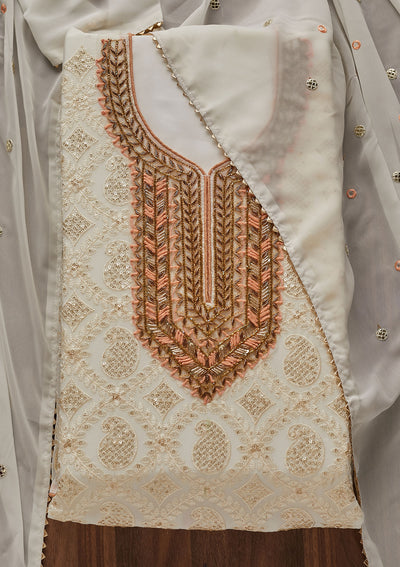 Cream Zardosi Georgette Designer Unstitched Salwar Suit - Koskii