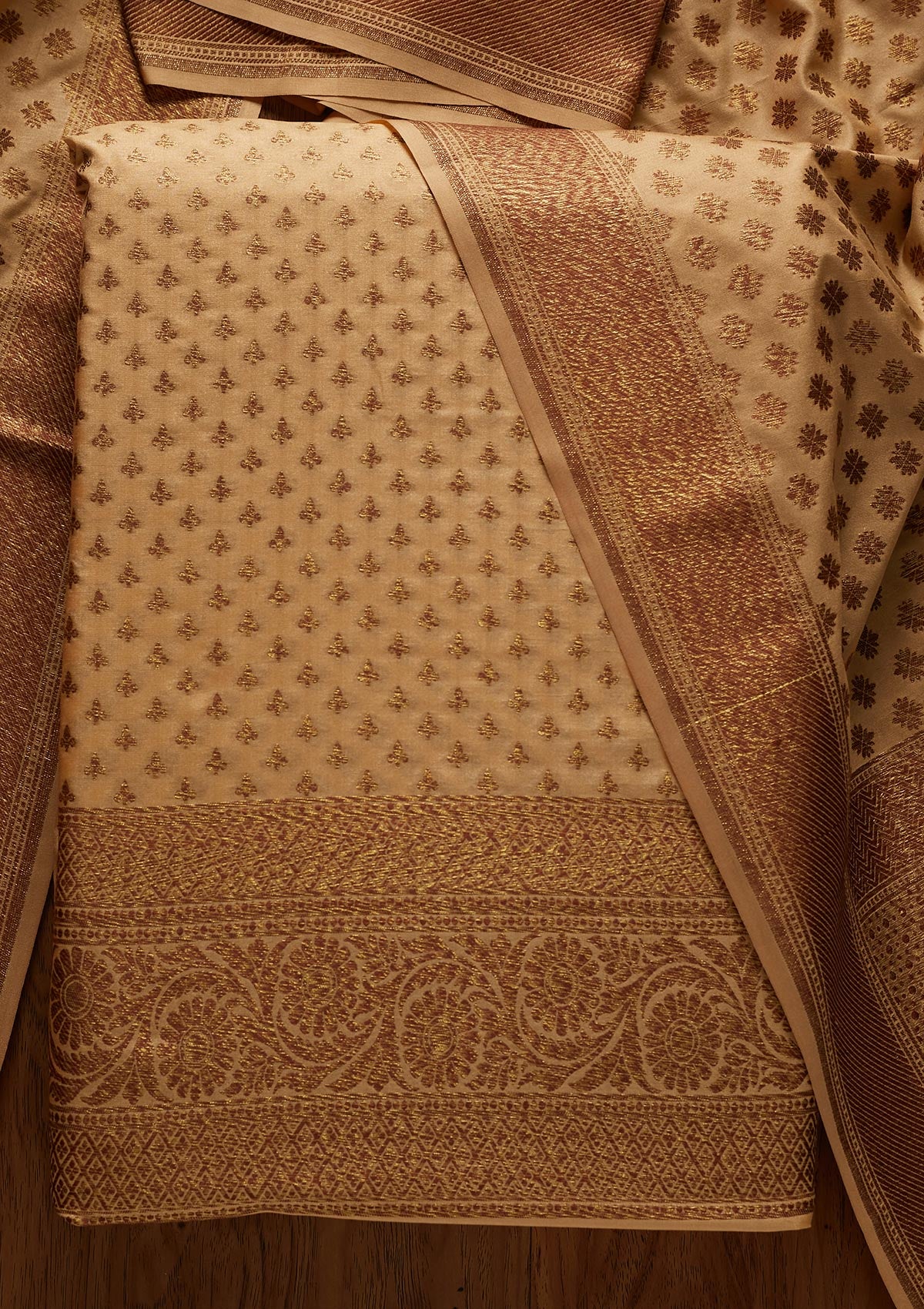 Cream Zariwork Banarasi Designer Unstitched Salwar Suit - koskii