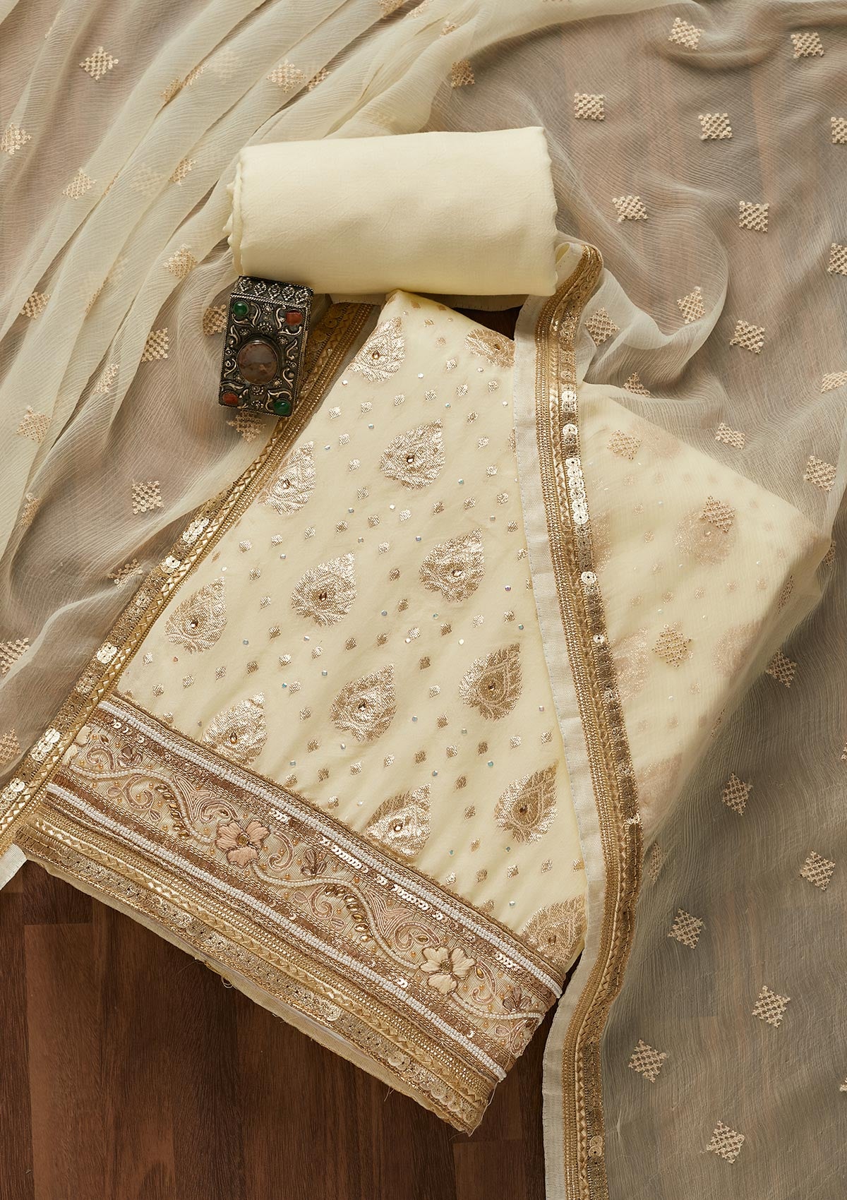 Cream Zariwork Georgette Semi-Stitched Salwar Suit - Koskii