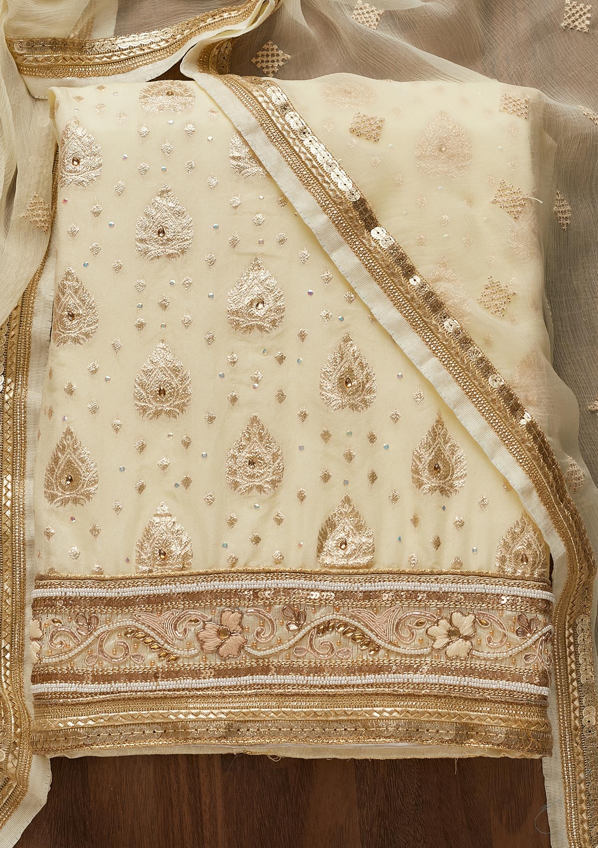 Cream Zariwork Georgette Semi-Stitched Salwar Suit-Koskii