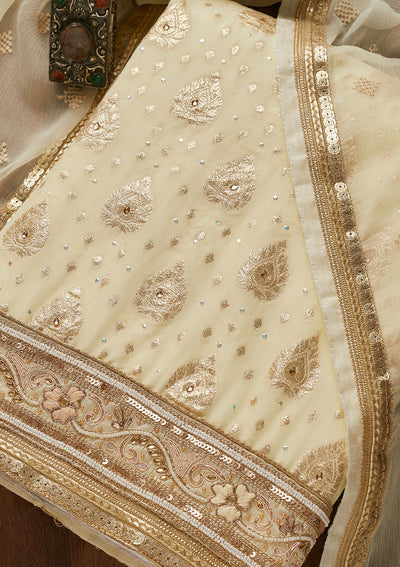 Cream Zariwork Georgette Semi-Stitched Salwar Suit-Koskii