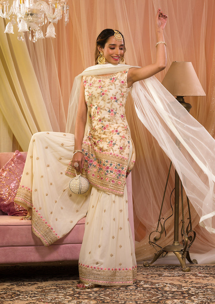 Cream Zariwork Net Readymade Salwar Suit-Koskii