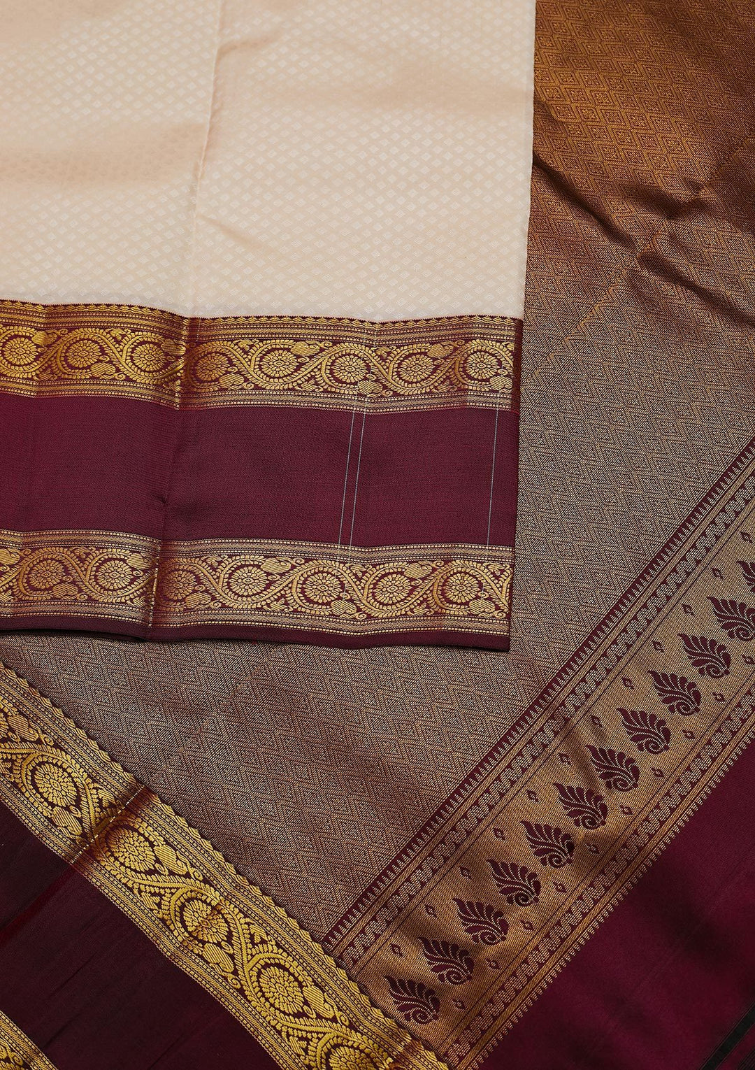 Cream Zariwork Pure Silk Designer Unstitched Saree - Koskii