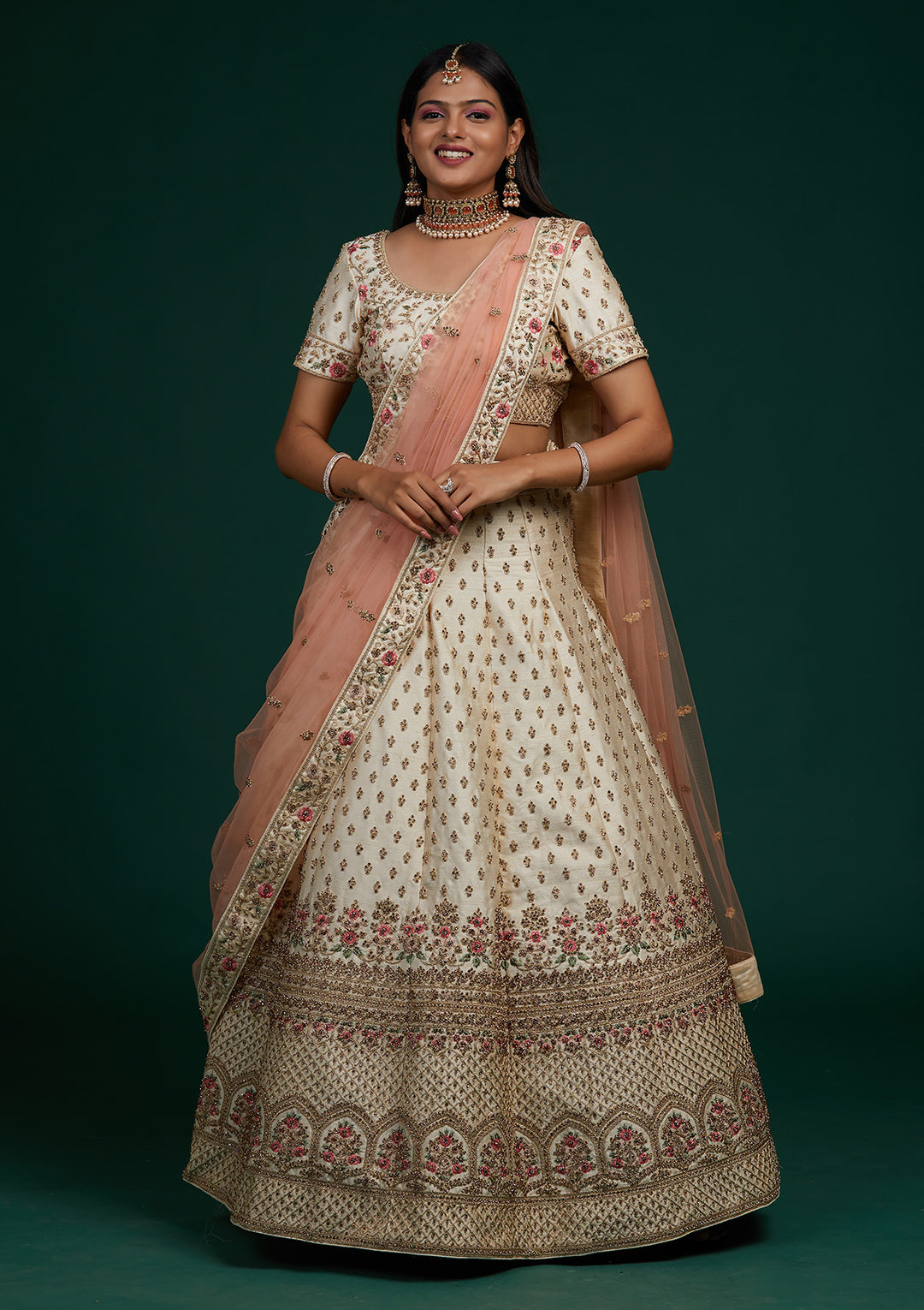Cream Zariwork Raw Silk Designer Lehenga-Koskii