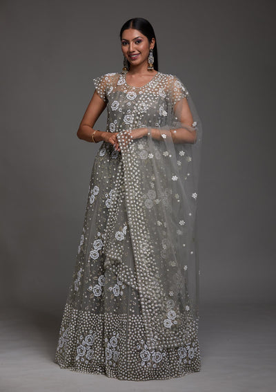Dark Grey Glitter Net Designer Gown-Koskii