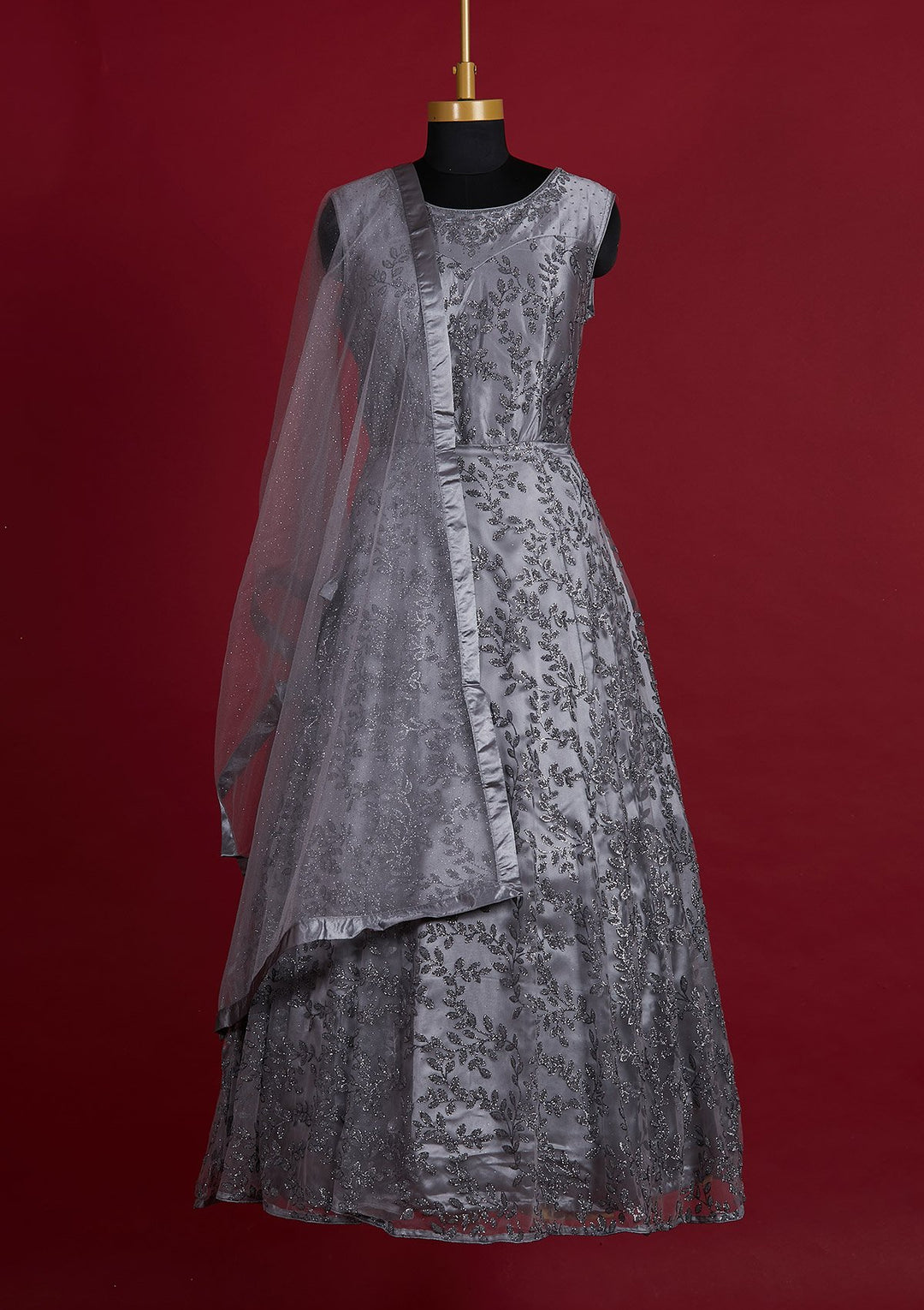 Dark Grey Glitter Net Designer Gown - Koskii