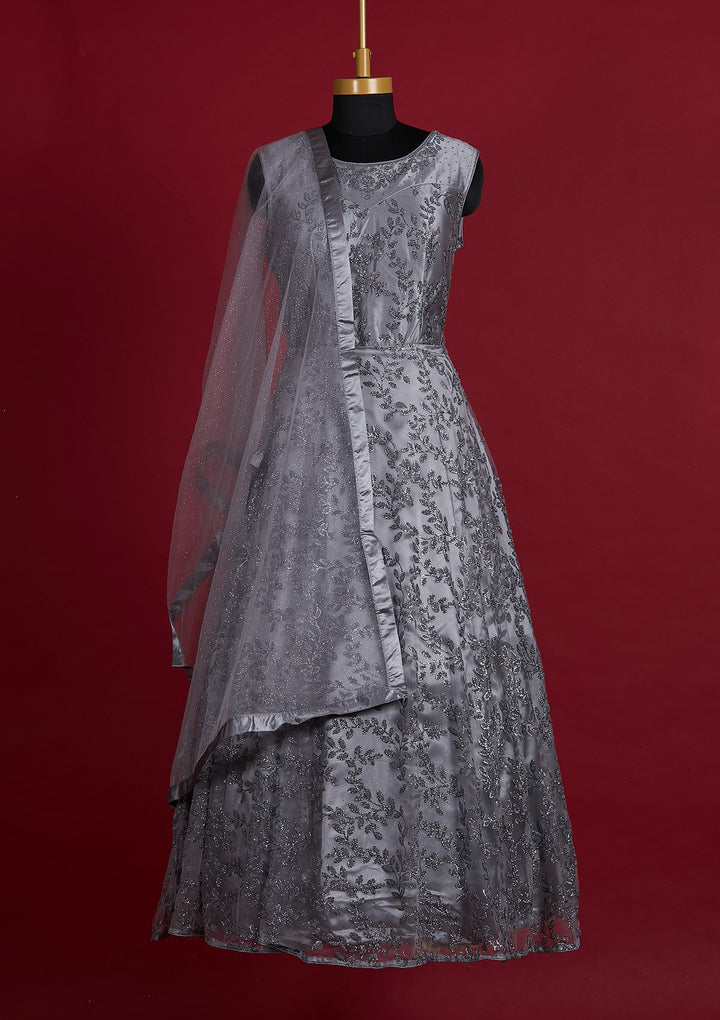 Dark Grey Glitter Net Designer Gown - Koskii