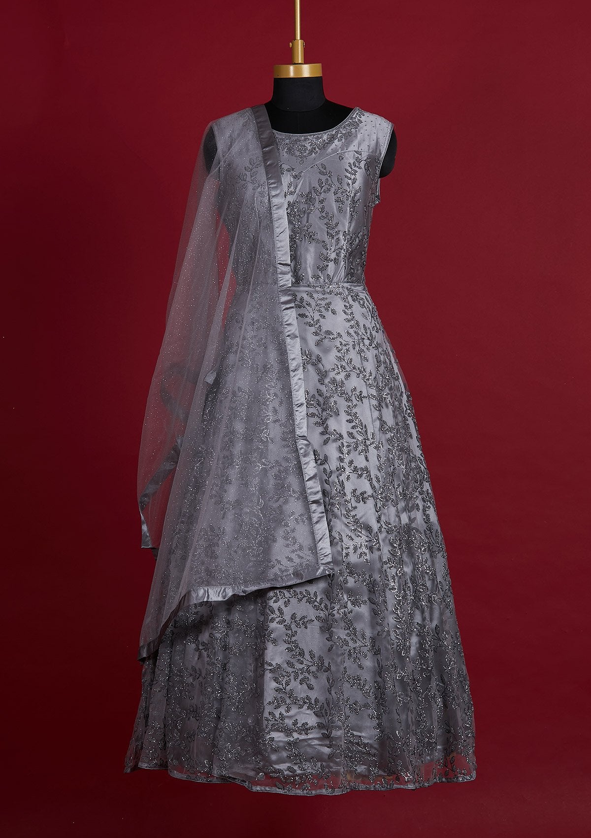 Dark Grey Glitter Net Designer Gown - Koskii