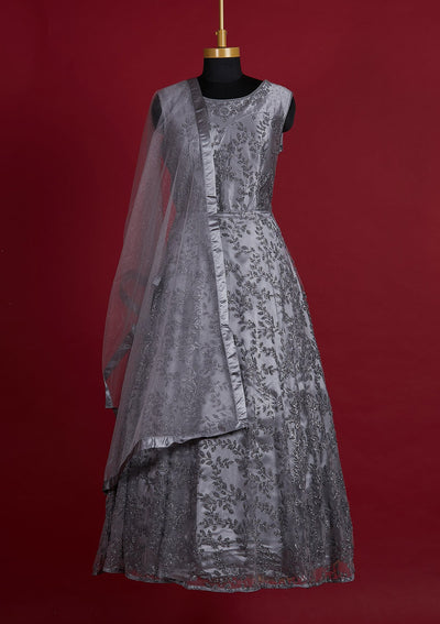 Dark Grey Glitter Net Designer Gown - Koskii