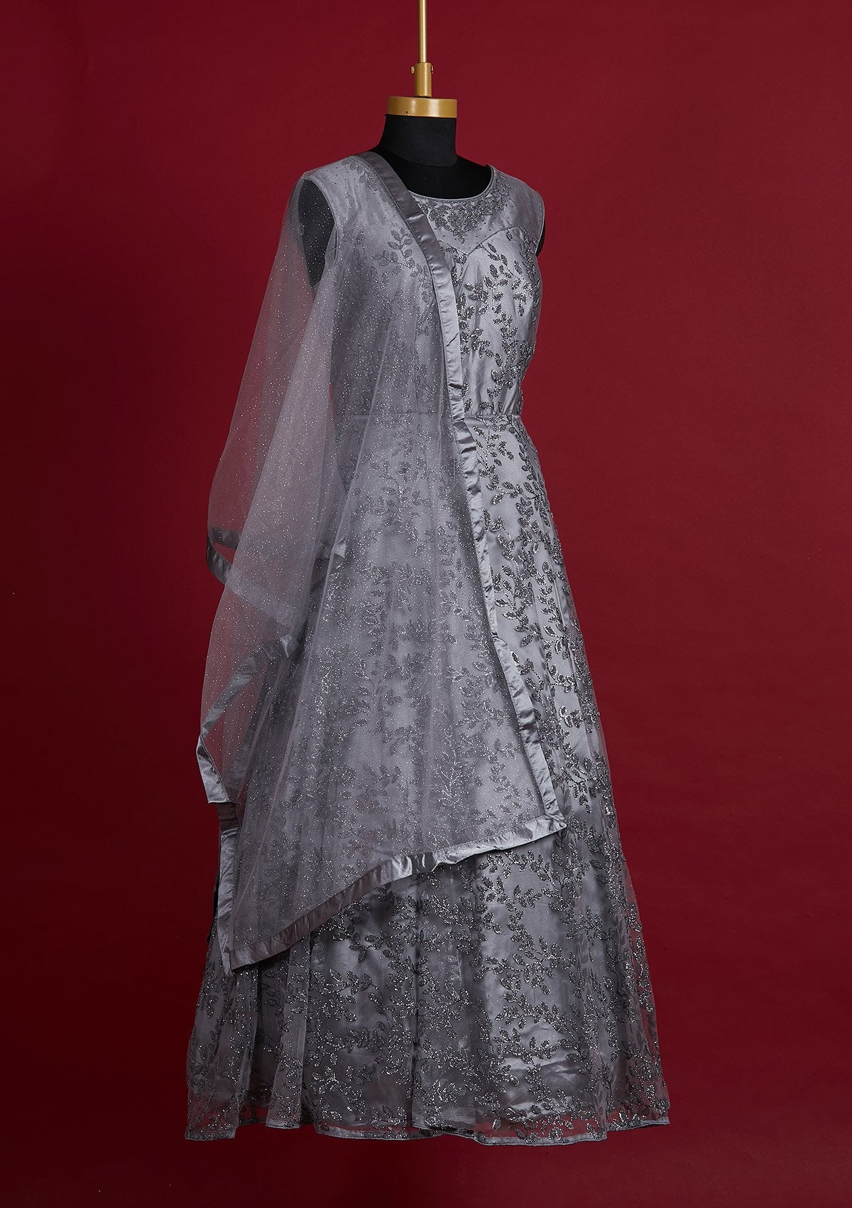 Dark Grey Glitter Net Designer Gown - Koskii