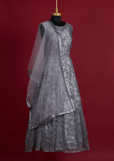 Dark Grey Glitter Net Designer Gown - Koskii