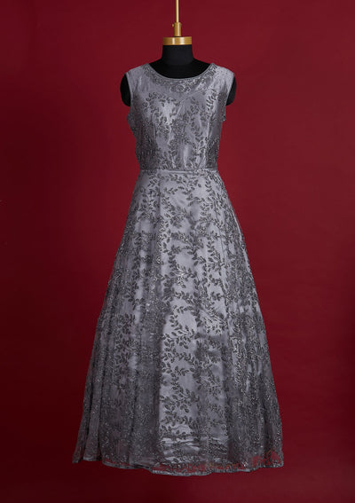 Dark Grey Glitter Net Designer Gown - Koskii