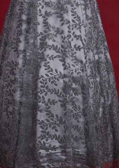 Dark Grey Glitter Net Designer Gown - Koskii