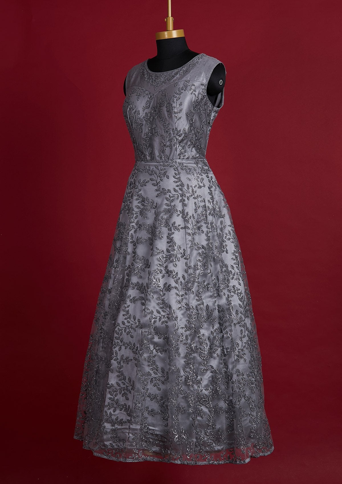 Dark Grey Glitter Net Designer Gown - Koskii